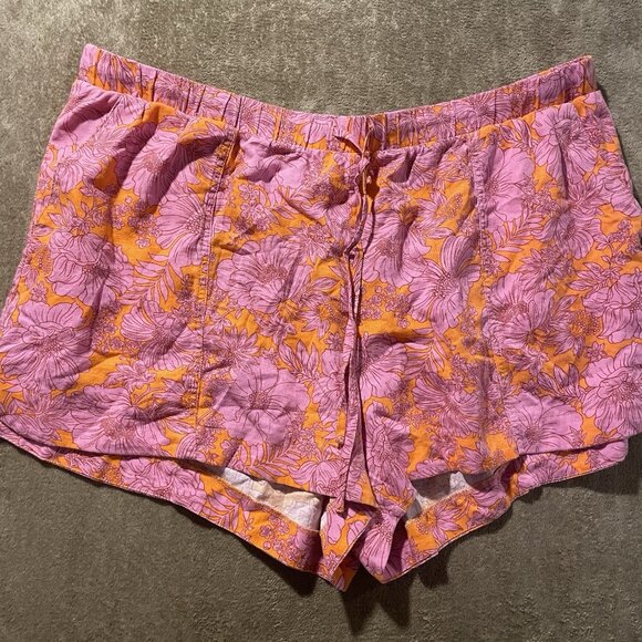 Universal Thread Shorts Womens 3x Plus Linen Pink Orange Floral Hawaiian High Ri - Picture 1 of 7